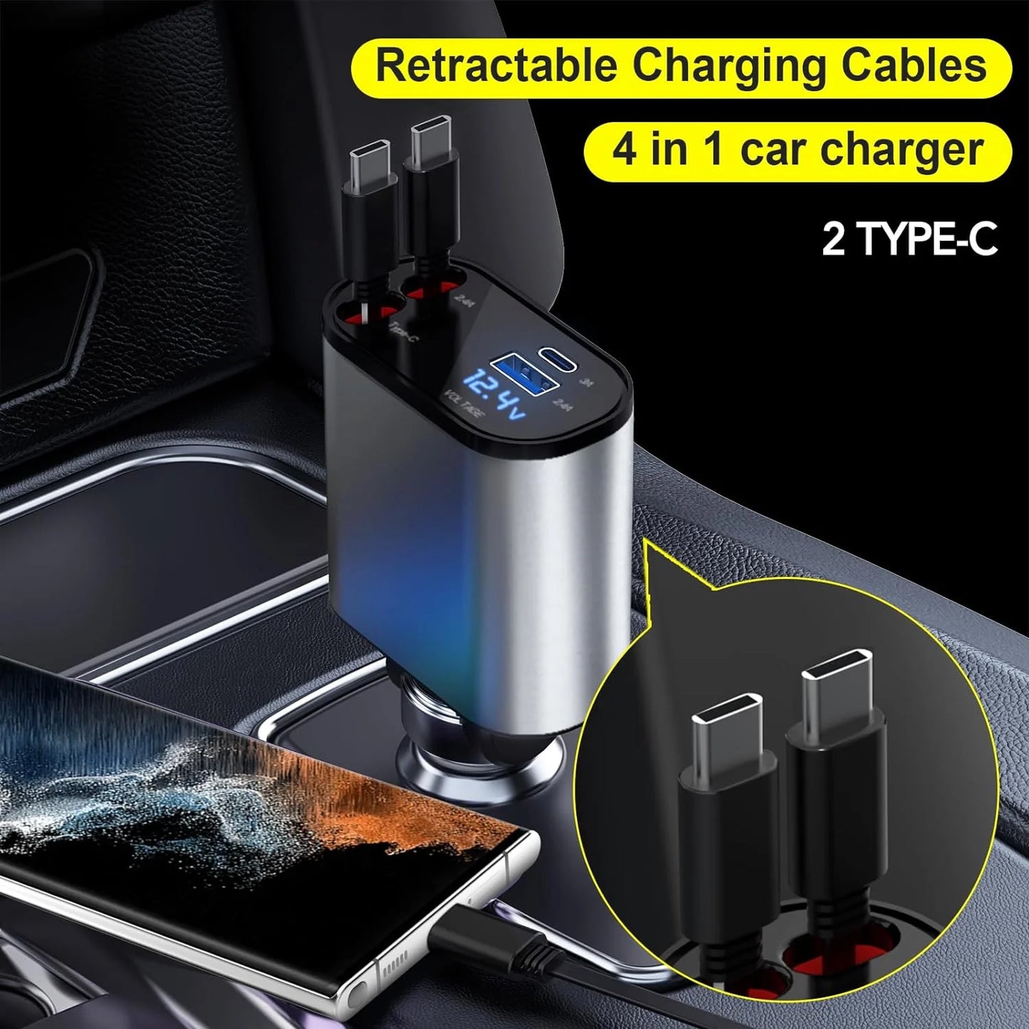 Ultimate 4-in-1 Retractable Fast Car Charger - 66W, Compatible with iPhone 15/14/13/12/11, Galaxy, Pixel