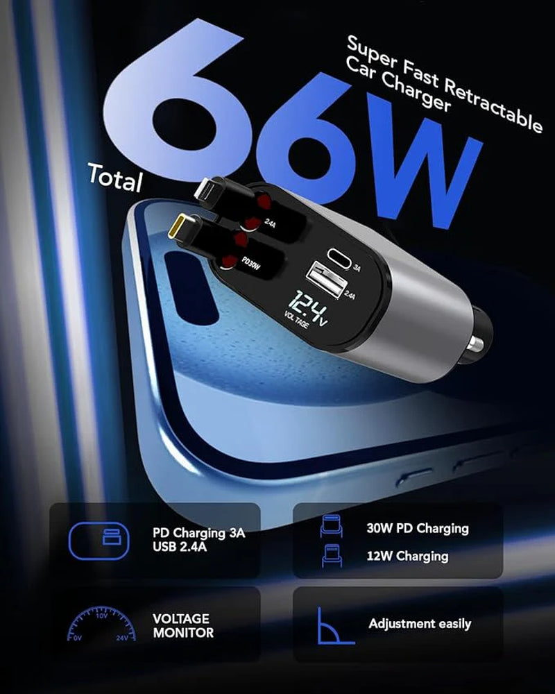 Ultimate 4-in-1 Retractable Fast Car Charger - 66W, Compatible with iPhone 15/14/13/12/11, Galaxy, Pixel