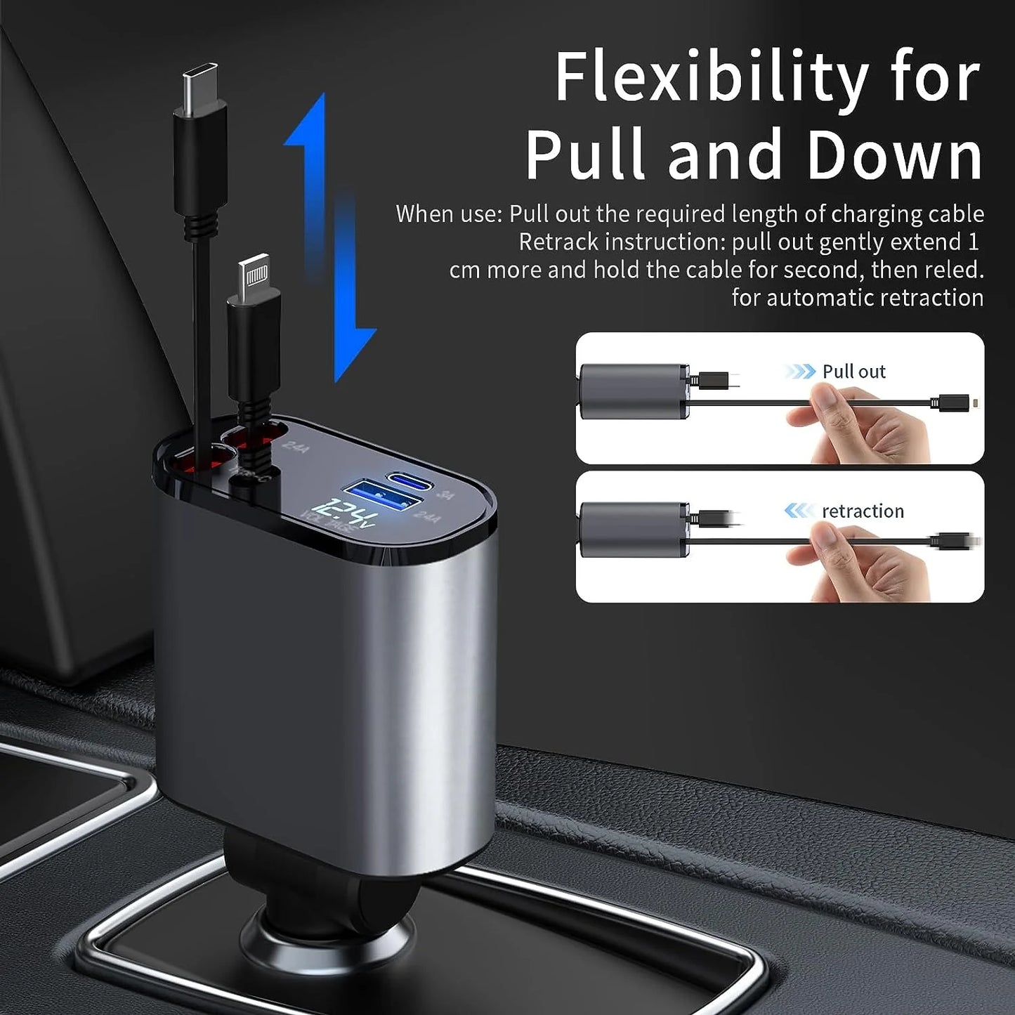 Ultimate 4-in-1 Retractable Fast Car Charger - 66W, Compatible with iPhone 15/14/13/12/11, Galaxy, Pixel