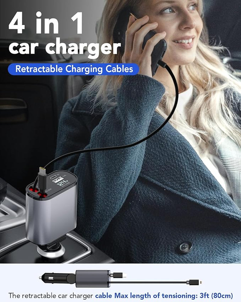 Ultimate 4-in-1 Retractable Fast Car Charger - 66W, Compatible with iPhone 15/14/13/12/11, Galaxy, Pixel