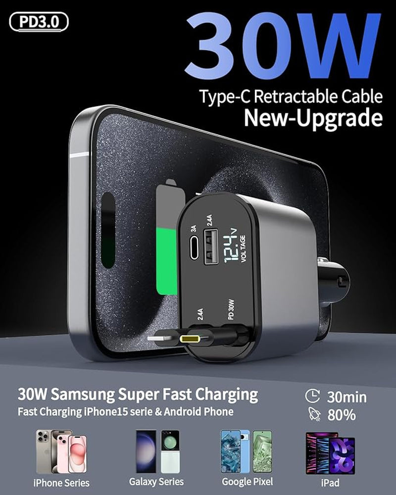 Ultimate 4-in-1 Retractable Fast Car Charger - 66W, Compatible with iPhone 15/14/13/12/11, Galaxy, Pixel